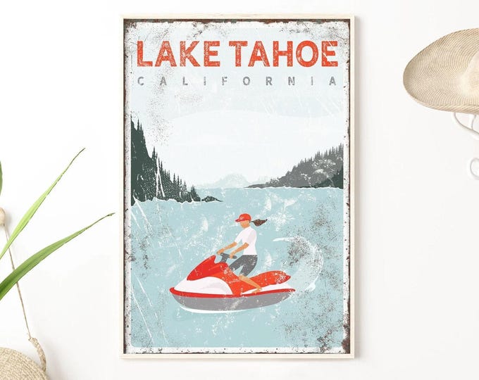 Lake Tahoe Poster: Red Jet Ski Rider, Personalized Vintage Lake Wall Art and Lake House Gift