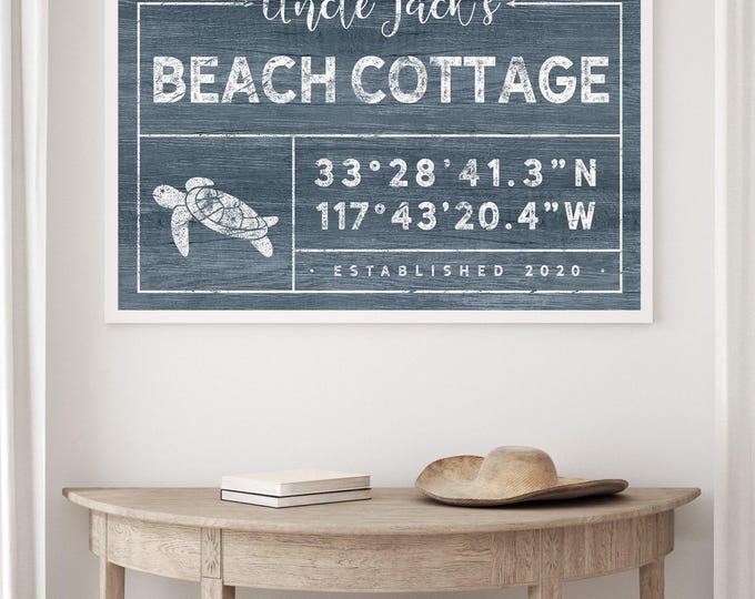 Beach Cottage, Canvas Sign, Sea Turtle Art, Coastal Wall Decor, Personalized Coordinates, Vintage Style Framed Print for Beachhouse {gdo}