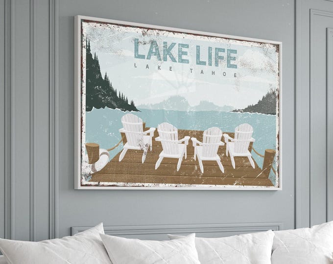 Cabins And Lakes Dock Scene Sign With Your Lake Name In Pale Blue And Cream