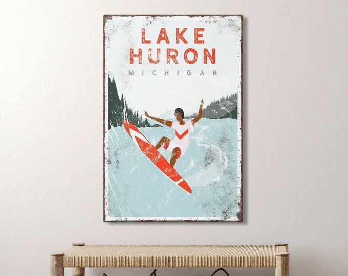 Surfboard Art Lake Huron Michigan Wall Decor, Coral Lake Surfing Sign, Lake House