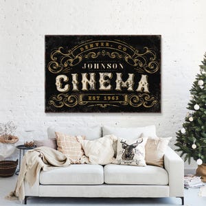 Personalized Home Cinema Sign, Large Framed Canvas Home Theater Decor, Custom Family Name Cinema Canvas Print, Modern Home Theater Signs