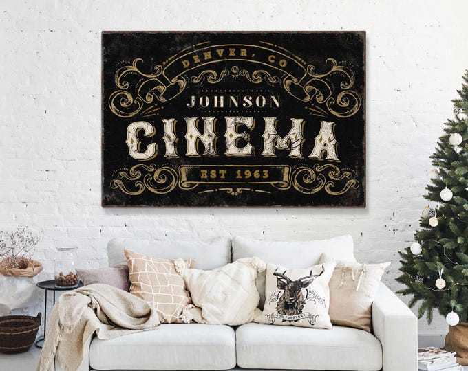 Personalized Home Cinema Sign, Large Framed Canvas Home Theater Decor, Custom Family Name Cinema Canvas Print, Modern Home Theater Signs
