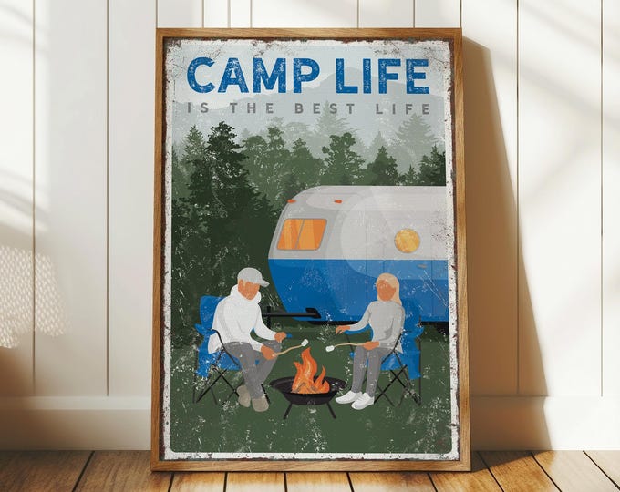 Couple Campfire Art Sign, Rustic Wood Decor (Custom Text Options)