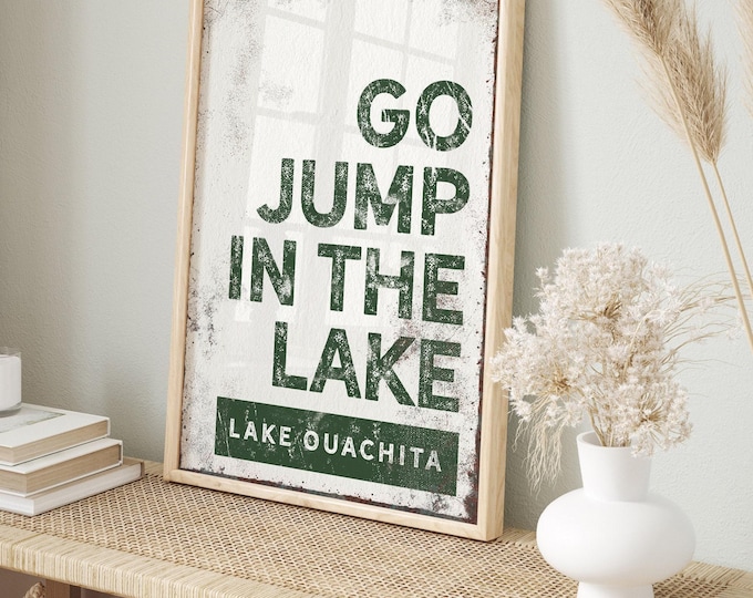Meet Me At The Lake Sign, Custom Lake Name Art, Forest Green Cream Cabin Gift