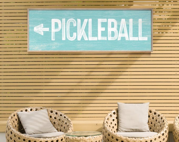 Vintage Pickleball Sign, Aqua Blue Arrow (Distressed Wood, Customizable)