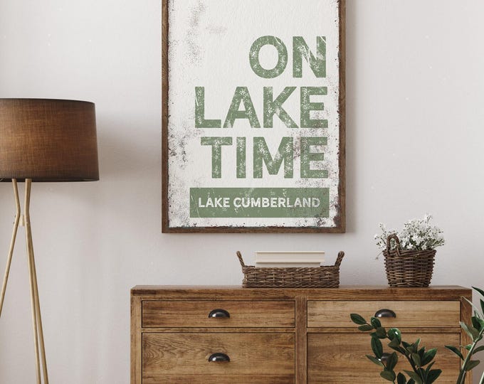 Green ON LAKE TIME Sign: Vintage Lake House Wall Art