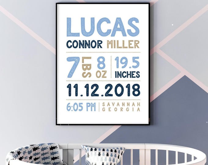 Custom Baby Birth Stats Sign - Navy Nursery Name Wall Art