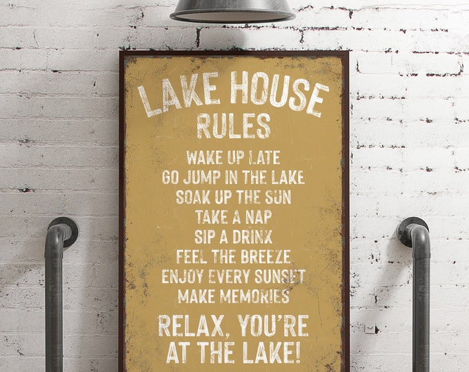 vintage LAKE HOUSE RULES sign, yellow sign art print, butternut yellow lakehouse decor, distressed lake house gift, vacation rental decor