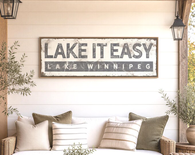 Lake It Easy, Personalized Lake Winnipeg Wall Art, Charcoal Gray Farmhouse Decor