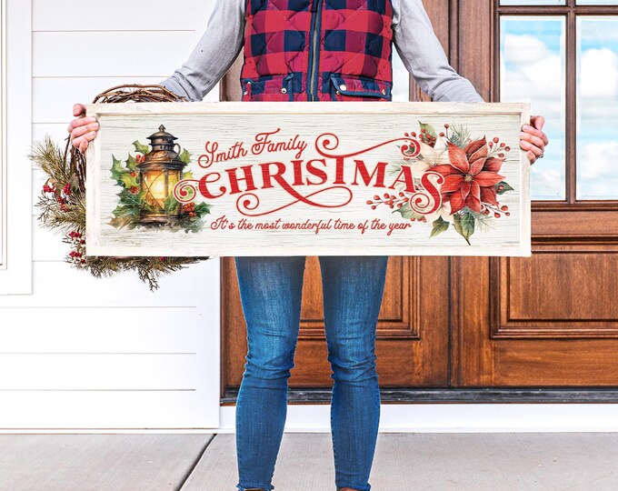 Family Christmas Sign, Vintage Lantern and Poinsettia, Custom Christmas Sign Printed on Lightweight Canvas, Indoor Outdoor Holiday Decor