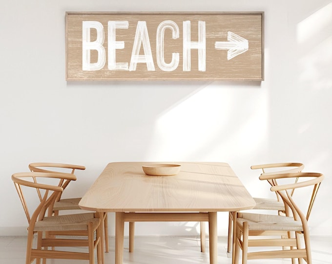 Beach Wall Art Arrow Sign, Latte Beige Vintage Canvas Print, Neutral Coastal Long Decor