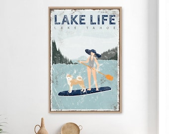 Personalized Paddleboard Sign: Woman Paddleboarding with Akita Dog