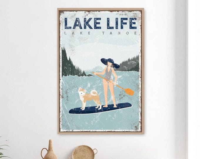 Personalized Paddleboard Sign: Woman Paddleboarding with Akita Dog