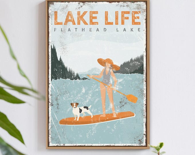 paddleboarding LAKE LIFE sign with personalized dog for vintage lake house decor {vpl}