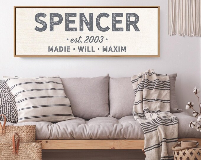 Personalized Family Name Sign: Distressed Gray Canvas with Year & Kids