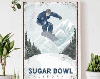 retro snowboard sign > winter snowboarding mountain poster, custom vintage ski house decor (personalized for SUGAR BOWL, California) {vph}