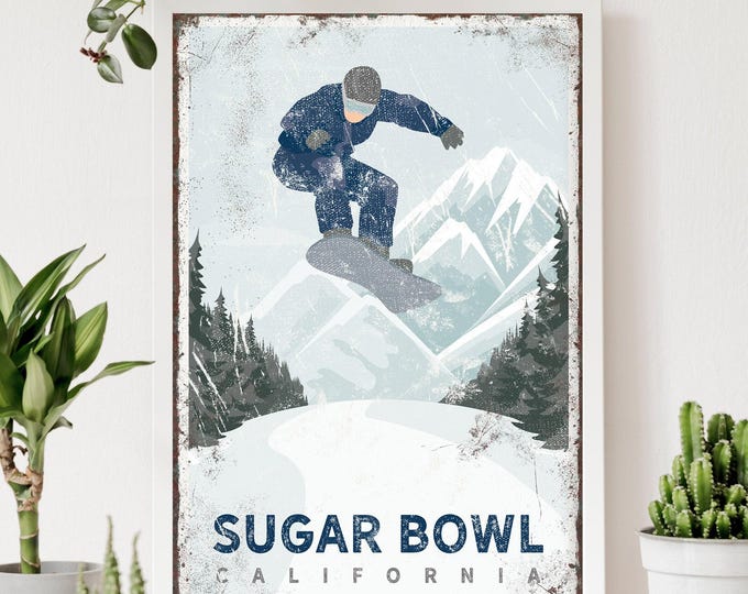 retro snowboard sign > winter snowboarding mountain poster, custom vintage ski house decor (personalized for SUGAR BOWL, California) {vph}