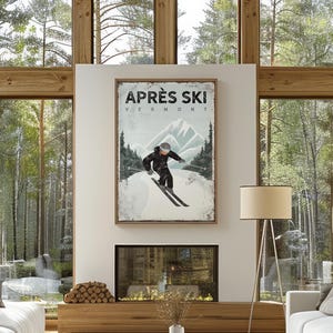 Apres Ski Vermont Sign, Black Skiing Poster, Personalized Ski Lodge Decor, Custom Winter Home Art, Gift for Skier, Man Skiing, vpw