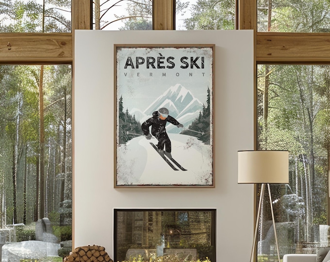 Apres Ski Vermont Sign, Black Skiing Poster, Personalized Ski Lodge Decor, Custom Winter Home Art, Gift for Skier, Man Skiing, vpw