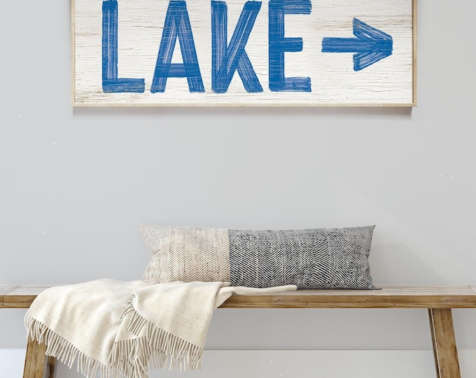 Lake Arrow Sign, Custom Lake Gift, Cobalt Blue White Cream Wall Decor