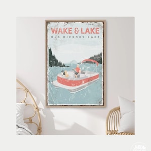 PONTOON Boat Sign Coral, Lake House Wall Art, Rustic Maple Frame, Custom Pet Portraits, Unique Wake & Lake Decor, Gift For Dog Lovers {VPL}