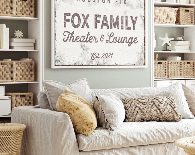 Custom Family Theater Sign - Vintage White Distressed Canvas Art