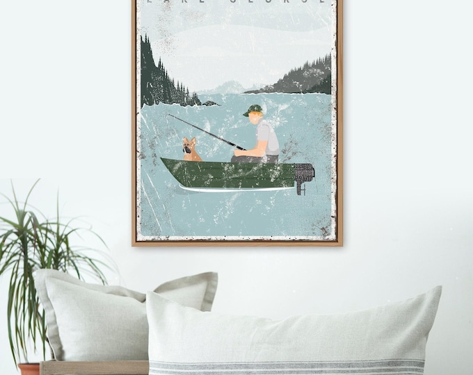 Lake House Signage, Forest Green Fishing Boat Scene, Personalized Dog Dad Gift