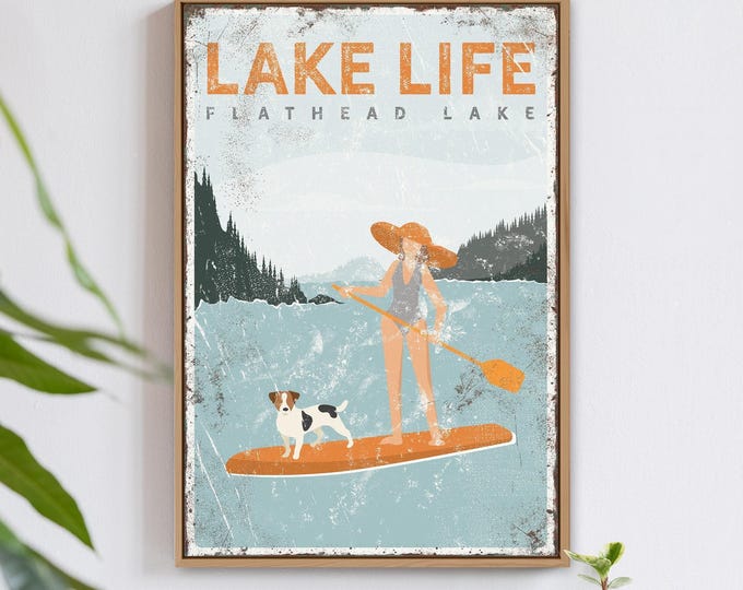 Lake Life Sign: Paddleboarding and Dog Art (Custom Text & Breed)