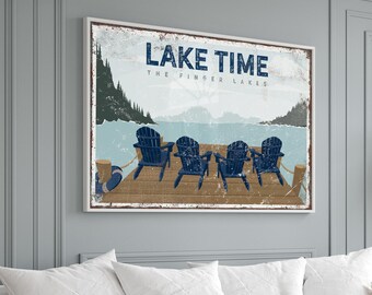Lake Time Sign, Adirondack Chairs On The Dock Wall Art, Custom Lake Name Vintage Decor