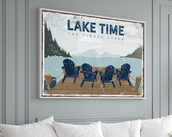 Lake Time Sign, Adirondack Chairs On The Dock Wall Art, Custom Lake Name Vintage Decor
