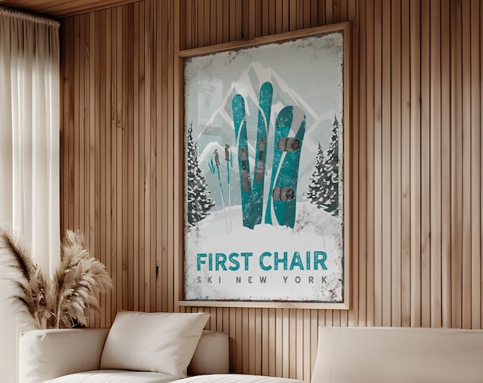 Ski Lodge Wall Art: Teal Mountain Decor - Rustic Cabin Style