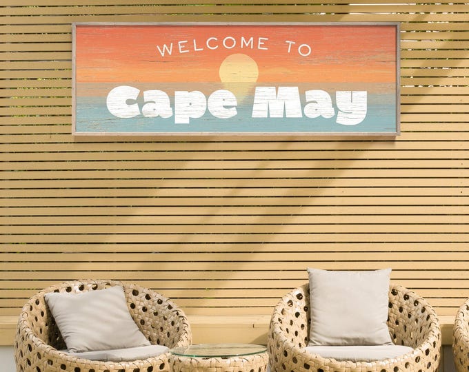 Welcome Home Sign for Cape May, Personalized Coastal Sunset Wall Art, Long Shore Town Print