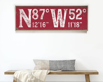 Custom GPS Coordinates Sign: Dark Red Vintage Typography Canvas