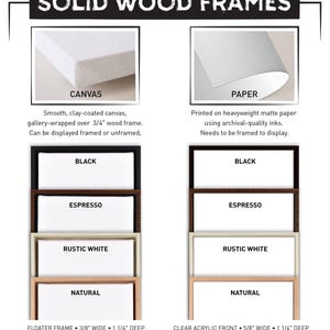 Frame and material options for a lake print: canvas or paper in black, espresso, rustic white, or natural wood