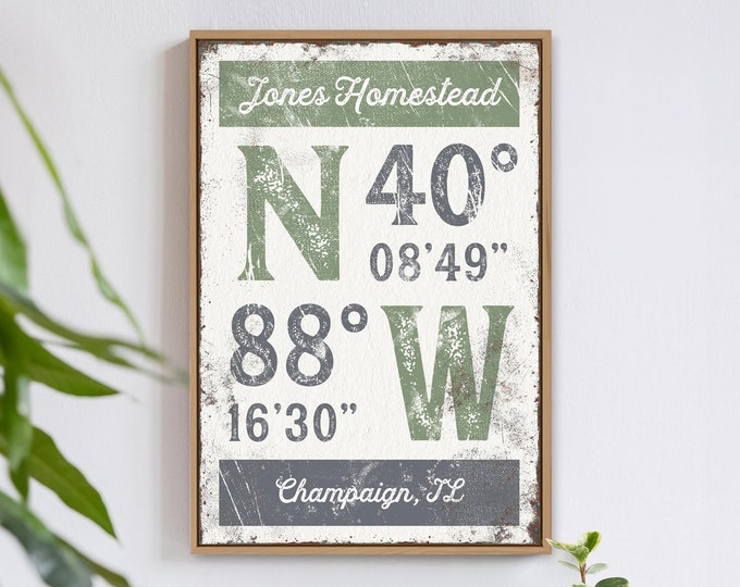 latitude & longitude sign XL > bold green and gray GPS COORDINATES wall art with last name, neutral farmhouse decor {grw}