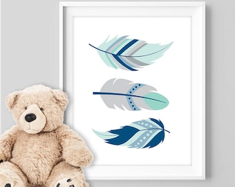 three feather poster / tribal wall art print DIY / navy sign, NAVY MINT nursery poster, navy nursery wall▷ digital printable poster jpeg