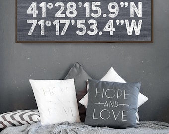 Coordinates Sign Personalized With Your Location, Charcoal Wall Art