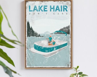 Lake House Wall Sign, Vintage Pontoon Boat (Personalized Text, Rustic)