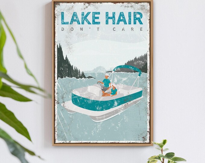 Lake House Wall Sign, Vintage Pontoon Boat (Personalized Text, Rustic)