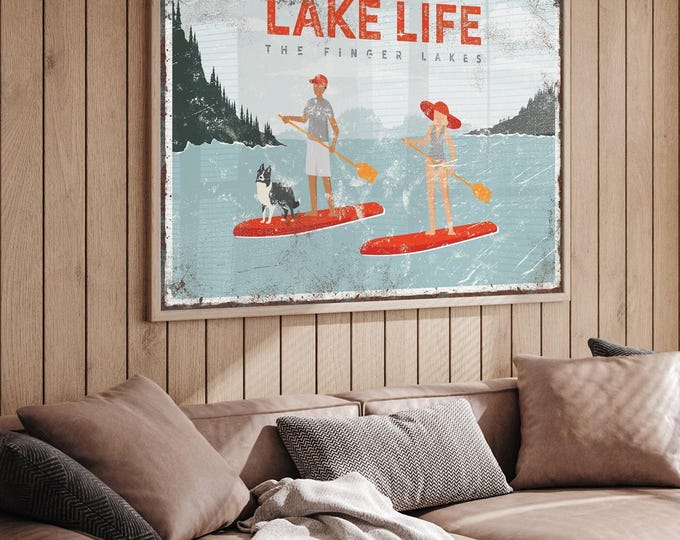 red LAKE LIFE poster, couple paddleboarding with dog (border collie), the Finger Lakes canvas print, personalized lake house decor {VPL}