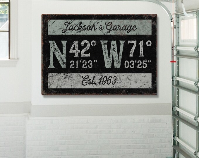 Custom GPS Coordinates Sign: Vintage Garage Style Canvas (Personalized Text)