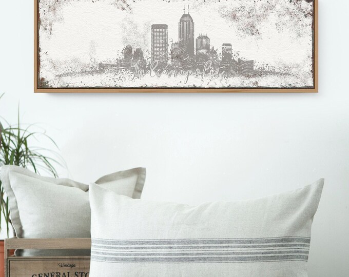 Indianapolis Skyline Wall Art: Taupe Gray, Custom Framed - Large Canvas Print