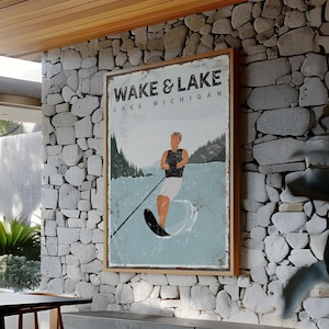 Placa Wake & Lake, pôster personalizado de esqui aquático para decoração de casa no Lago Michigan, presente de esqui aquático Slalom para ele, arte de parede vintage no lago {vpl}