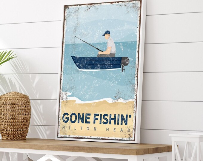 Vintage Gone Fishing Sign: Personalized Beach House Wall Art