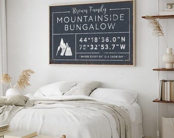 Brown Family Sign, Custom Ski Lodge Coordinates, Personalized Mountain Wall Art