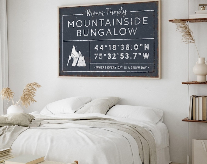 Brown Family Sign, Custom Ski Lodge Coordinates, Personalized Mountain Wall Art