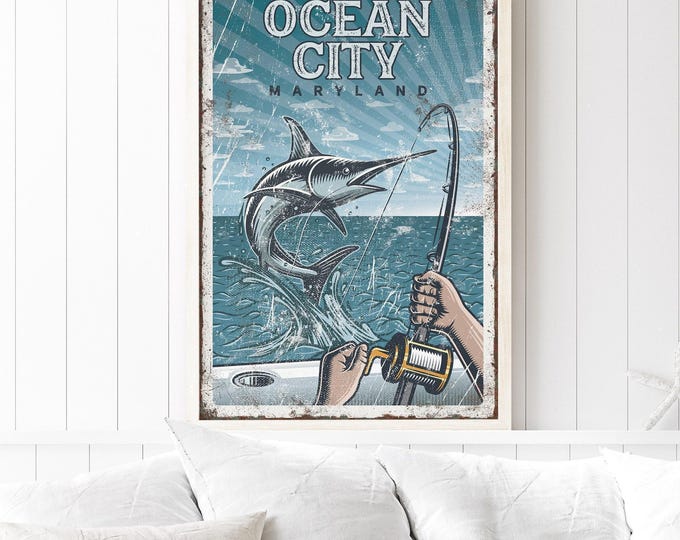 Vintage Ocean City Sign: Nautical Fishing Art (Customizable Text)