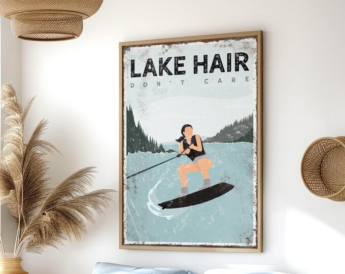 Lake House Decor: Lake Hair Poster with a Woman Wakeboarding in Navy, Personalized Canvas or Aluminum