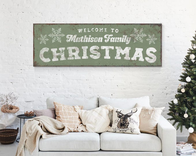 Personalized Christmas Welcome Sign, Traditional Family Holiday Sign, Vintage Metal Wall Decor, Sage Green Christmas, Festive Mantle Decor