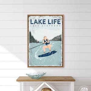 navy LAKE LIFE sign &gt; personalized wakeboarding gift for wife,  vintage nautical lake house decor wall art, retro wakeboard poster {vpl}